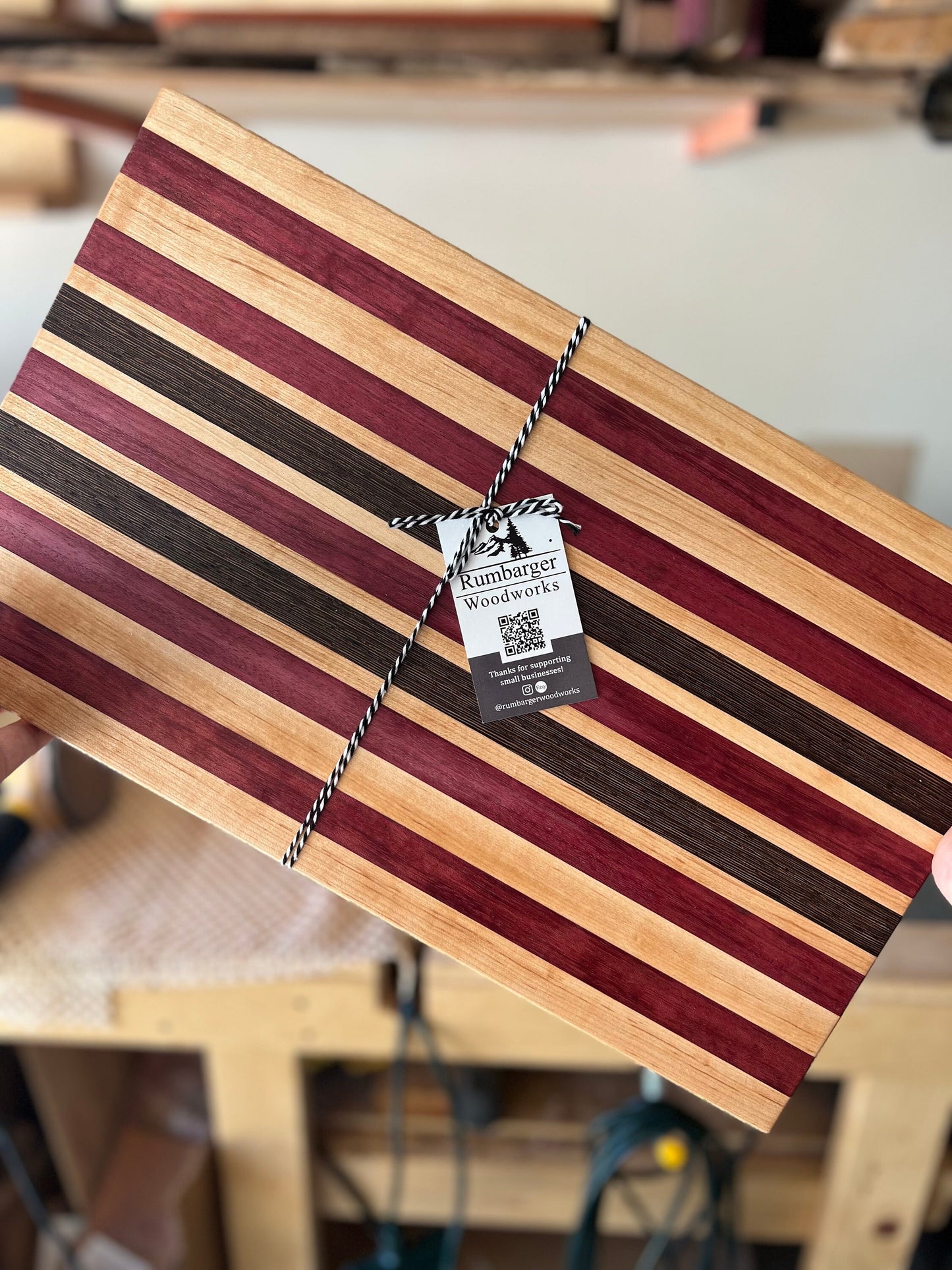 Custom Wooden Cutting Board with Maple, Walnut, Wenge and Purpleheart Stripes | Handmade Kitchen Accessory | Elegant Hostess Gift