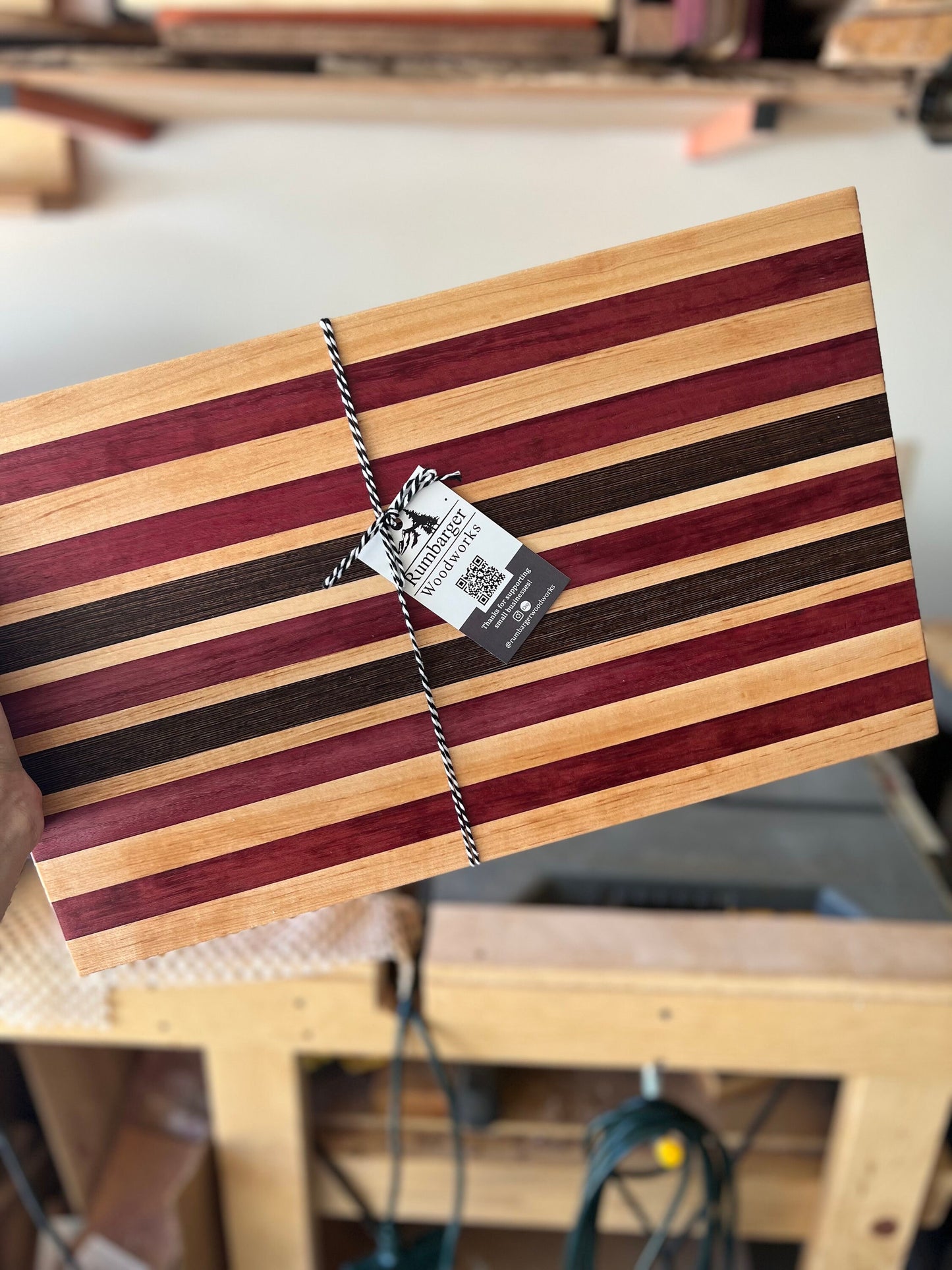 Custom Wooden Cutting Board with Maple, Walnut, Wenge and Purpleheart Stripes | Handmade Kitchen Accessory | Elegant Hostess Gift