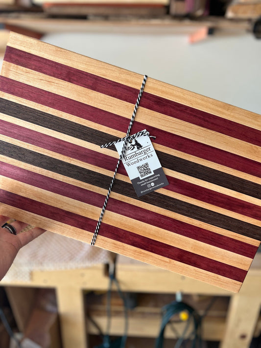 Custom Wooden Cutting Board with Maple, Walnut, Wenge and Purpleheart Stripes | Handmade Kitchen Accessory | Elegant Hostess Gift