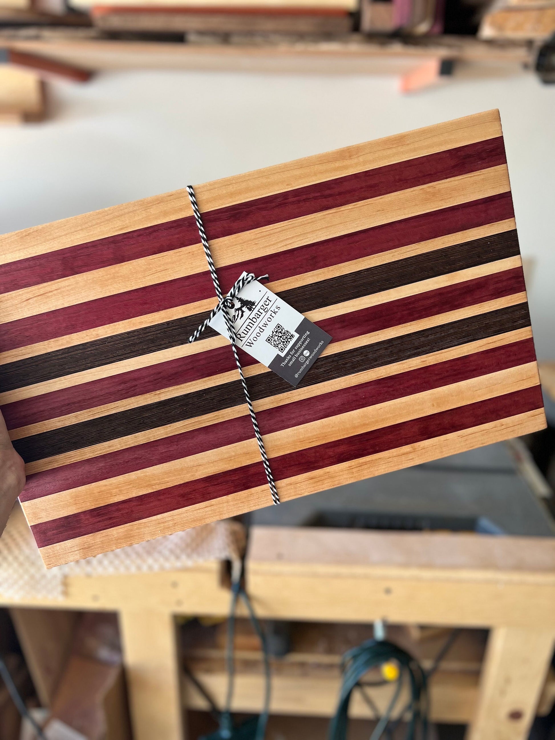 Custom Wooden Cutting Board with Maple, Walnut, Wenge and Purpleheart Stripes | Handmade Kitchen Accessory | Elegant Hostess Gift