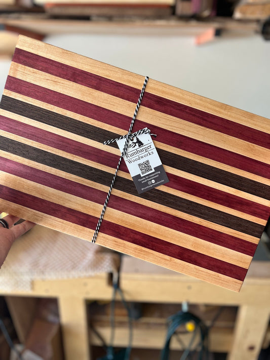 Custom Wooden Cutting Board with Maple, Walnut, Wenge and Purpleheart Stripes | Handmade Kitchen Accessory | Elegant Hostess Gift