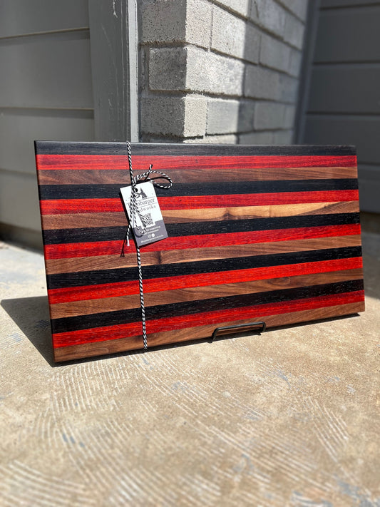 Handcrafted Walnut Cutting Board with Wenge & Padauk Stripes | Handmade Kitchen Accessory | Elegant Hostess Gift
